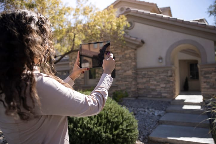 Woman taking a picture of a home with a large tablet.